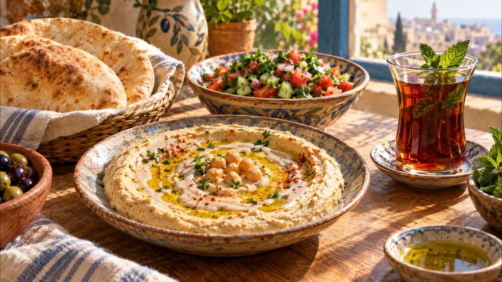 צלחת חומוס עם טחינה, פיתה, סלט וכוס תה שחור עם נענע