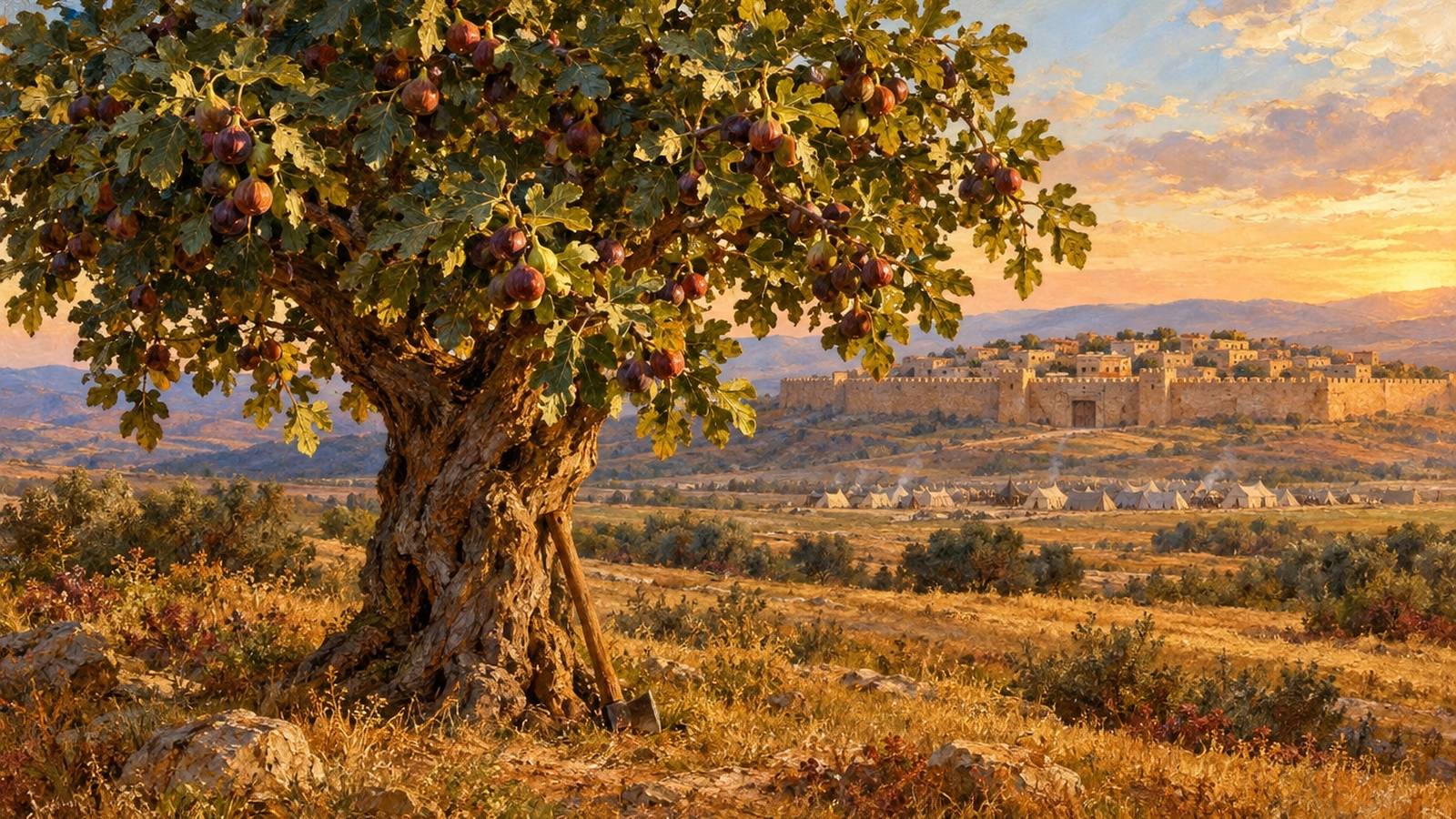 עץ תאנה עתיק עמוס פרי בשדה פתוח, גרזן נשען על גזעו, ומאחוריו עיר מוקפת חומה ומחנה אוהלים באור שקיעה, ציור שמן. תמונת הפתיחה לדף הפסוק כי האדם עץ השדה