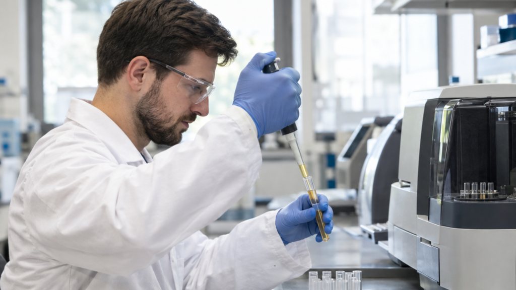 חוקר במעבדה מטפטף דגימת ציר זהוב למבחנה ליד מכשיר בדיקה