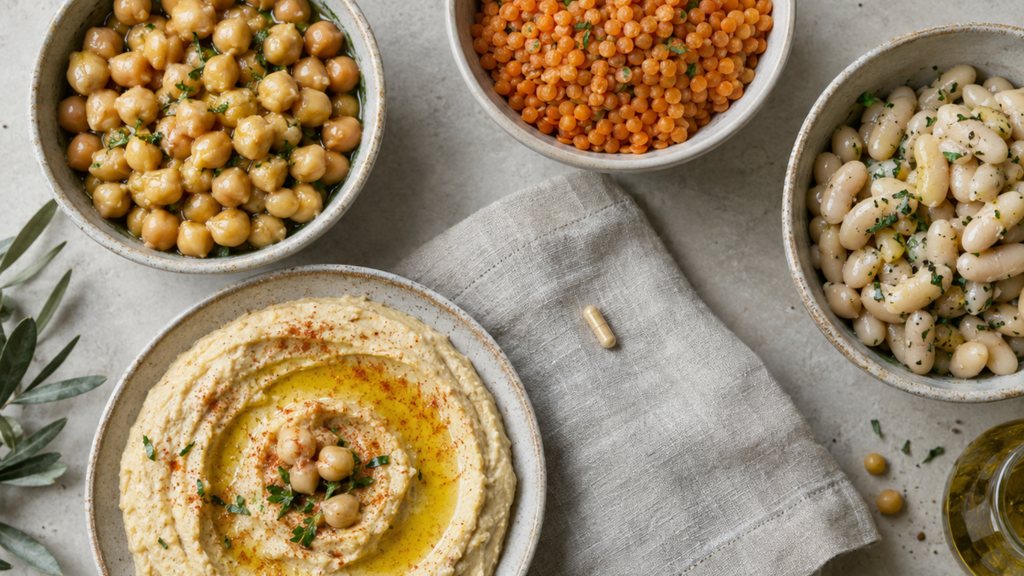 מבט מלמעלה על קערות חומוס, עדשים כתומות ושעועית לבנה, צלחת חומוס עם שמן זית וכמוסה על מפית פשתן