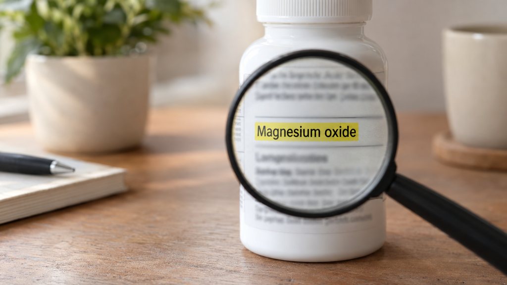 זכוכית מגדלת על תווית תוסף מגנזיום, והמילים magnesium oxide מסומנות