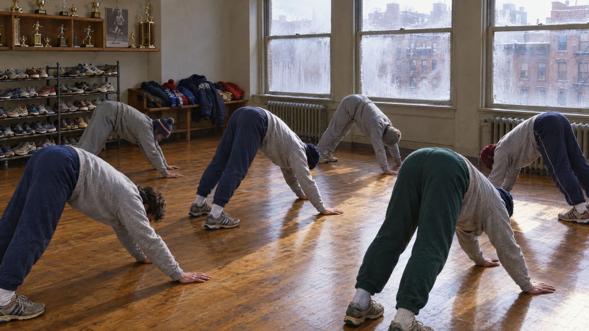 חדר של מועדון רצים בניו יורק בחורף: רצים בטרנינג אפור בתנוחת כלב מביט מטה על רצפת עץ, בלי מזרנים, ונעלי ריצה על מדף. כך התחילה הפאוור יוגה.