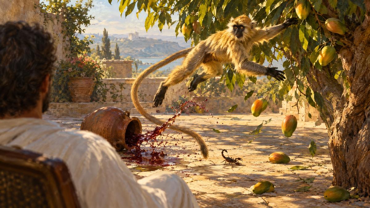 קוף לנגור קופץ בפראות בחצר ליד כד יין שנשפך ועקרב קטן, ואדם יושב ורק מתבונן: משל הקוף של ויווקאננדה בראג'ה יוגה.