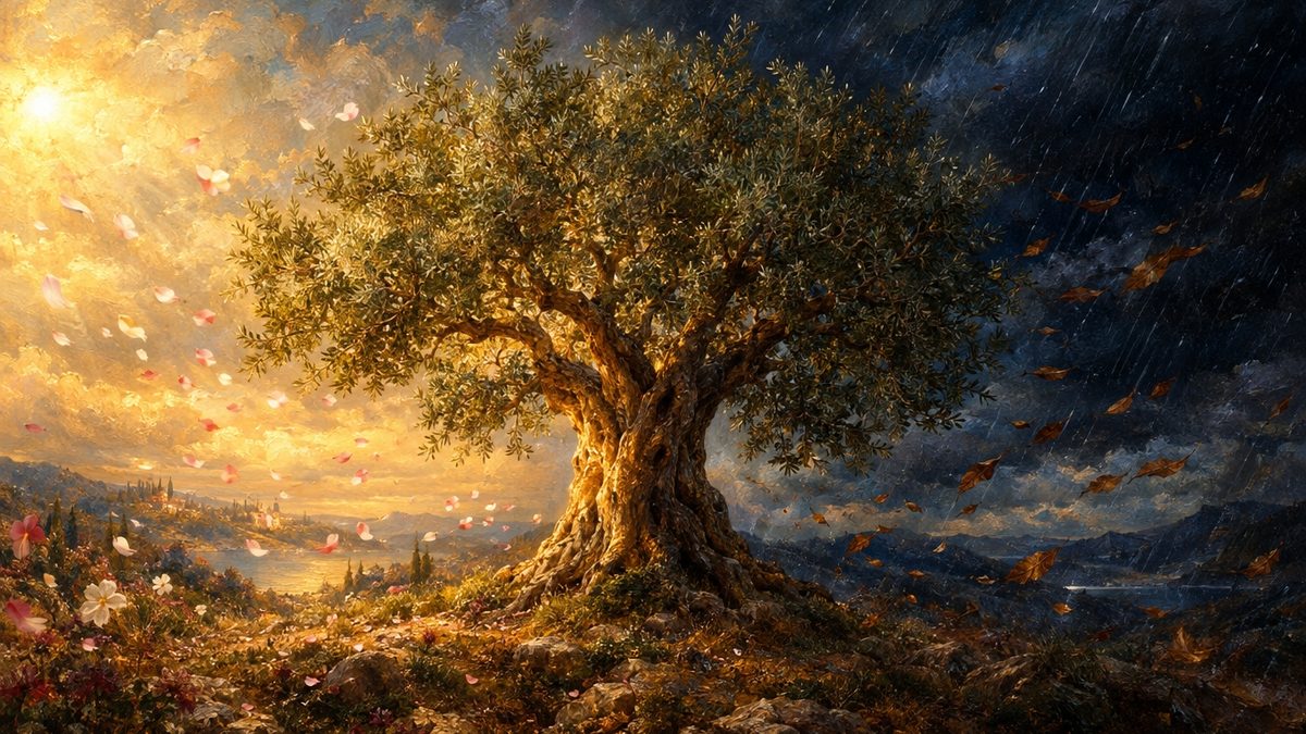 עץ זית עתיק עומד במרכז: מצד אחד שמש ועלי כותרת נושבים אליו, מהצד השני רוח כהה, גשם ועלים יבשים, והעץ עומד זקוף ושווה בשני הצדדים, ציור שמן. המחשה להשתוות של הבעל שם טוב בדף שויתי ה' לנגדי תמיד