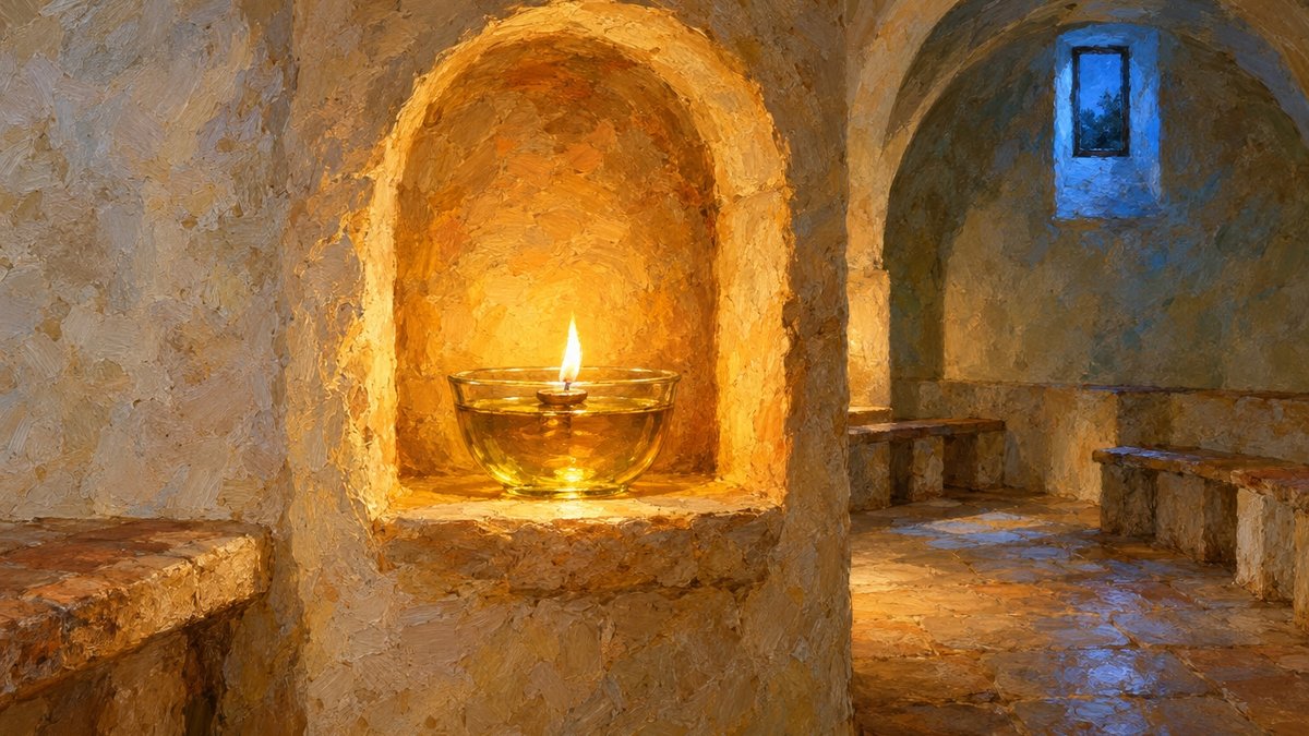 נר שמן בקערית זכוכית דולק בגומחה מקושתת בקיר אבן, באולם תפילה ריק עם ספסלי אבן, ציור שמן
