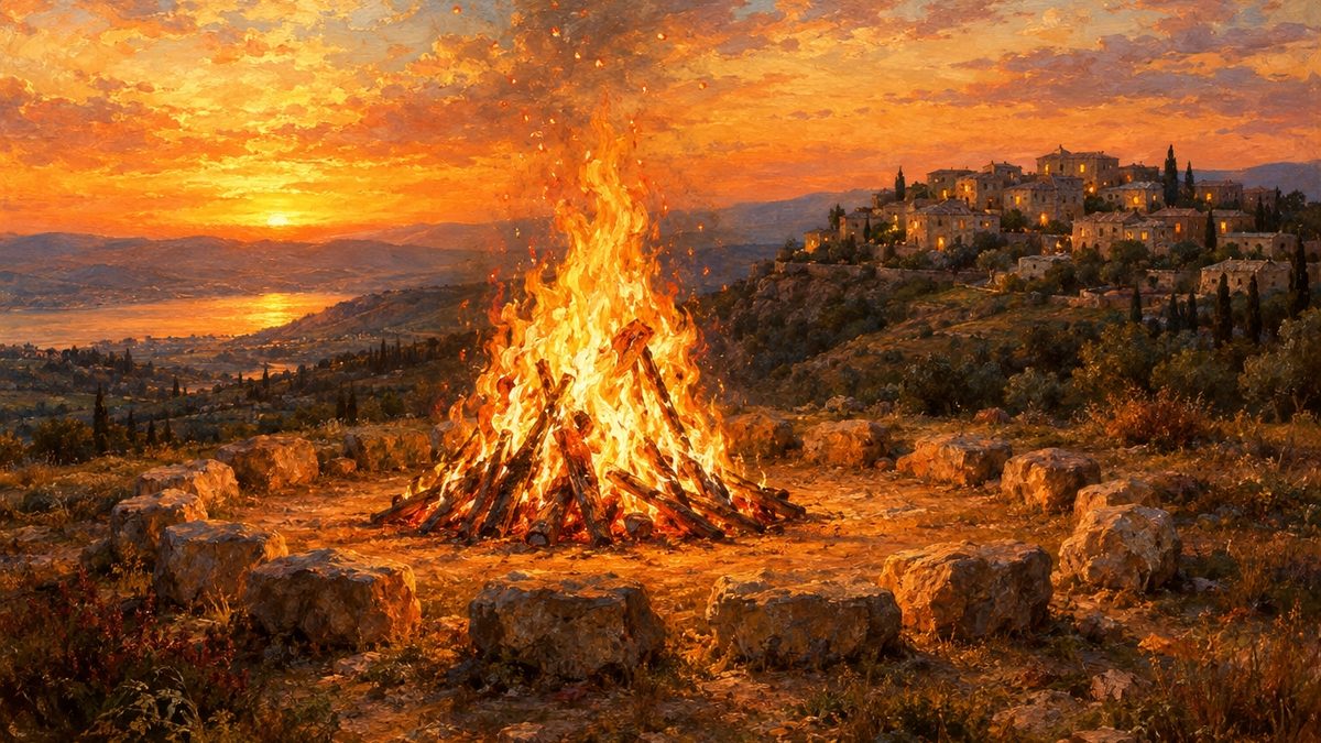 מדורה גדולה על ראש גבעה בגליל בשעת שקיעה, סביבה מעגל אבנים ריקות לישיבה, וכפר עם חלונות מוארים על הגבעה שממול, ציור שמן. ל"ג בעומר והשיר אמר רבי עקיבא