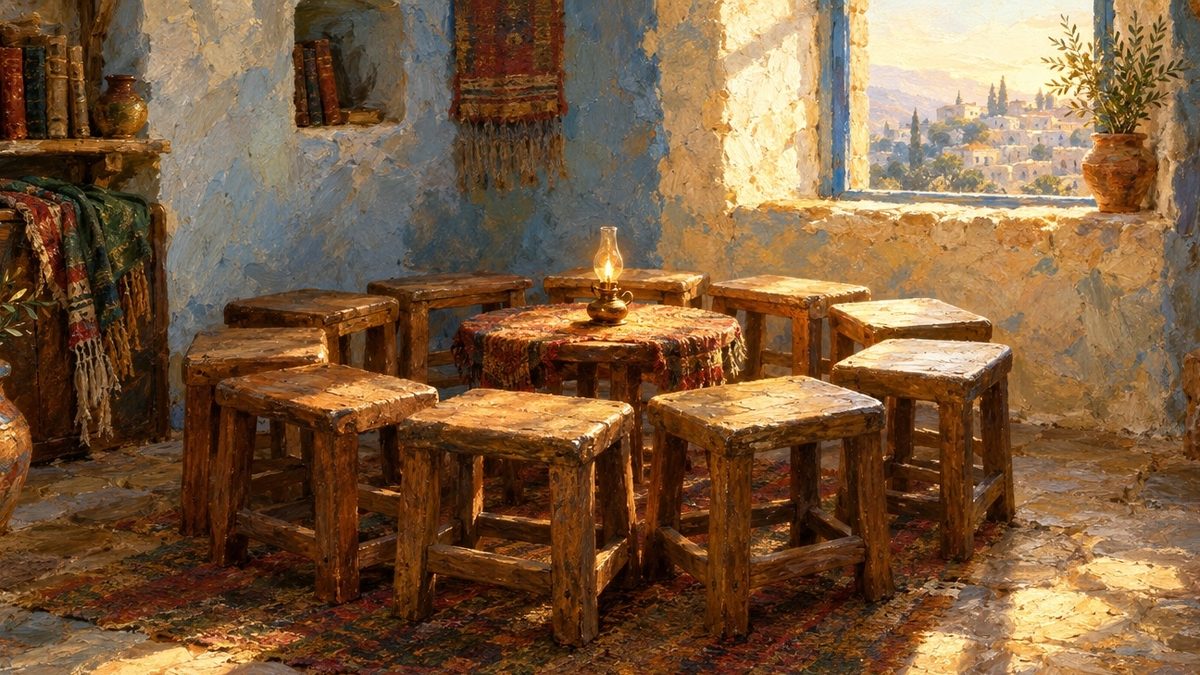 חדר תפילה קטן בצפת עם קירות תכולים, ובו שרפרפי עץ צמודים במעגל סביב שולחן נמוך ועליו נר שמן דולק, ציור שמן. האר"י על קבלת מצוות ואהבת לרעך כמוך לפני התפילה