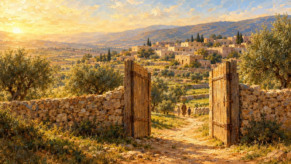 שער עץ פתוח בגדר אבן, ושביל שעובר דרכו אל כפר ואל טרסות ירוקות, ושלוש דמויות קטנות הולכות פנימה, ציור שמן
