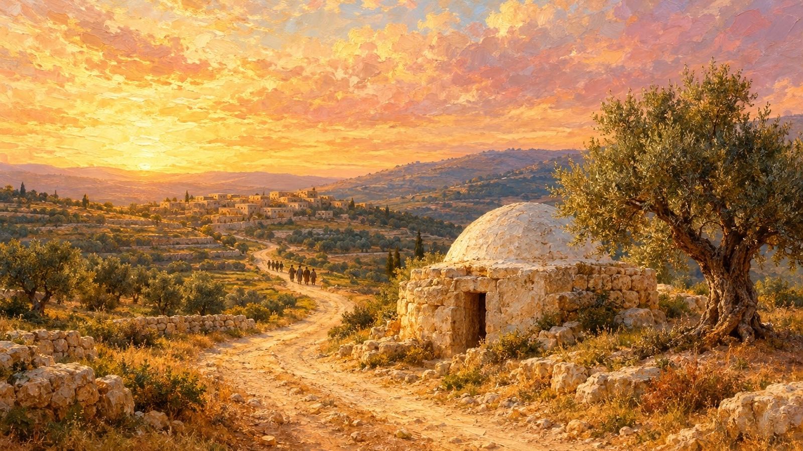 דרך עפר שעוברת ליד קבר אבן קטן עם כיפה ועץ זית, ובמרחק שיירה קטנה של הולכים בדרך אל כפר על גבעה, באור של זריחה, ציור שמן. ושבו בנים לגבולם