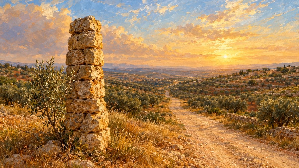 מצבה של אבני שדה ערומות בצד דרך עפר ריקה בין טרסות זיתים, באור של שקיעה, ציור שמן