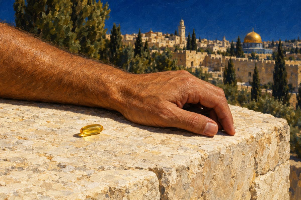 זרוע של גבר נחה על חומת אבן ירושלמית בשמש צהריים חזקה, והצל מתחתיה קצר. לידה כמוסת ויטמין D זהובה