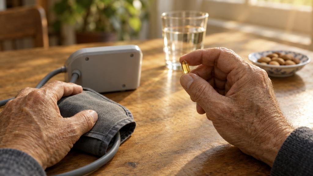 ידיים של גבר מבוגר מחזיקות כמוסת ויטמין E ליד מד לחץ דם על שולחן מטבח