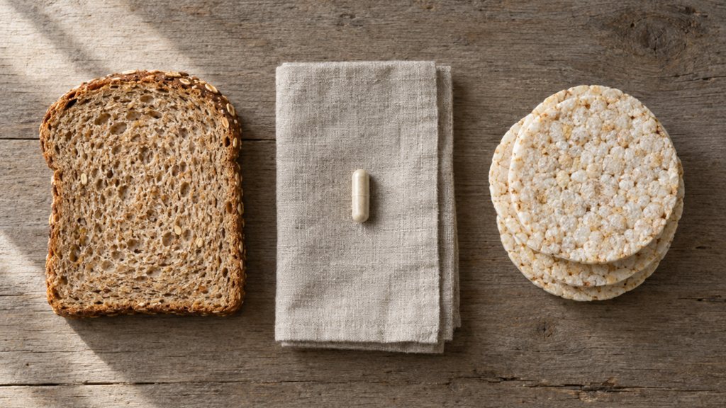 פרוסת לחם חיטה ליד פריכיות אורז וכמוסה על מפית פשתן