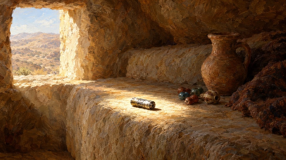 מגילת כסף זעירה וגלולה מונחת על ספסל אבן במערת קבורה חצובה, ליד חרוזים ופכית חרס, וקרן אור נופלת עליה מפתח המערה, ציור שמן