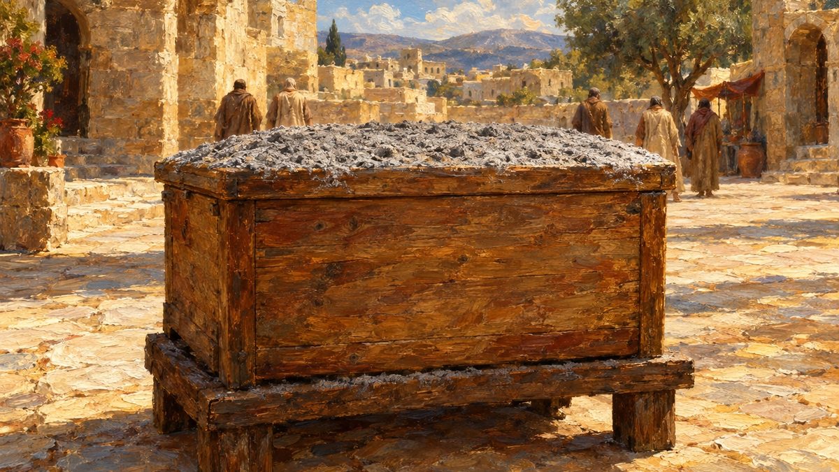 תיבת עץ פשוטה על כן נמוך בכיכר עיר עתיקה, מכסה התיבה מכוסה אפר אפור, ומאחוריה כמה אנשים הנראים מהגב, ציור שמן. המחשה למנהג תענית ציבור במסכת תענית