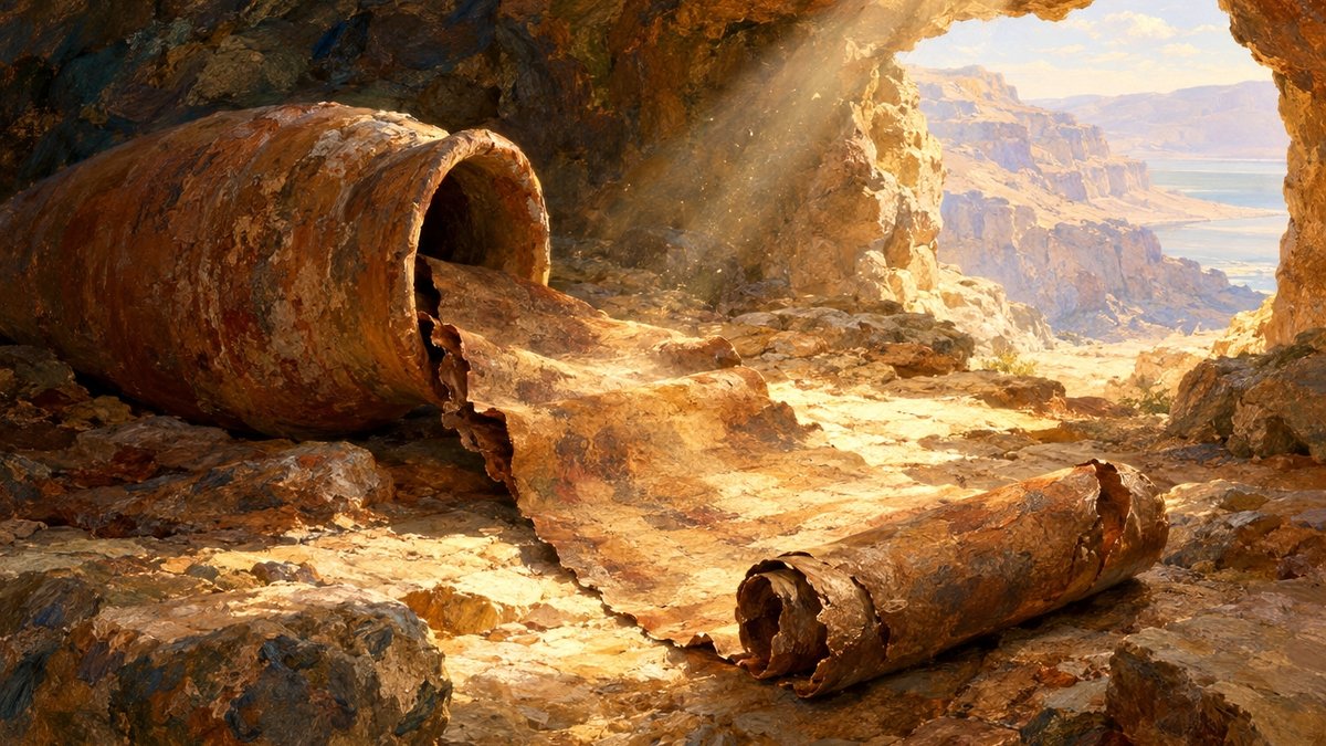 כד חרס שוכב על צדו במערה מדברית, וממנו נפרשת מגילת עור חומה ומקוטעת באלומת אור מהפתח, ציור שמן. איור למגילה 11Q11 ממערה 11 בקומראן